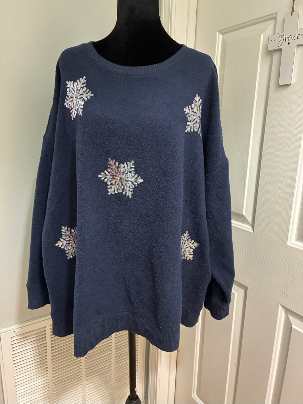 Lane Bryant Navy Crewneck Sweater with Iridescent Snowflake Appliqués